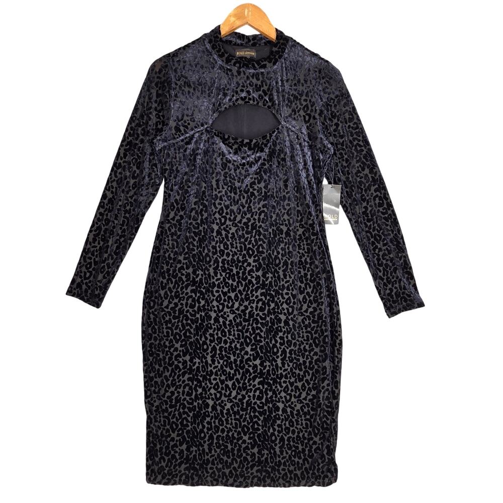 BOLD ELEMENTS PETITE VELVET LEOPARD CUTOUT DRESS – BLACK – SIZE PM PETITE